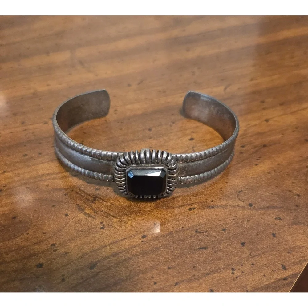 Heavy Black Onyx & Sterling Silver Cuff - Victorian 39.27 Gr! Under Melt Value